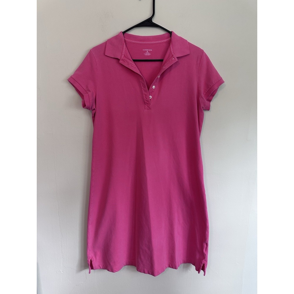 Lands End Shirt Dress MEDIUM Pink Polo Pique Knit Short Sleeve Preppy